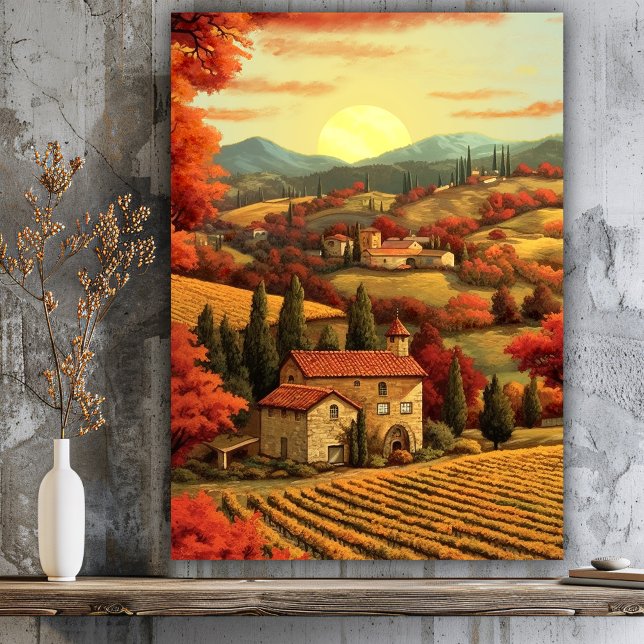 Tuscan Italian Landscape Sunset Acrylic Print (Fine art painting of a sunset on a Tuscan Italian landscape scene in warm fall colors)