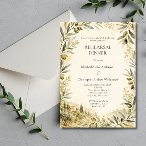 Tuscan Italian Olive Wedding Rehearsal Dinner  Invitation