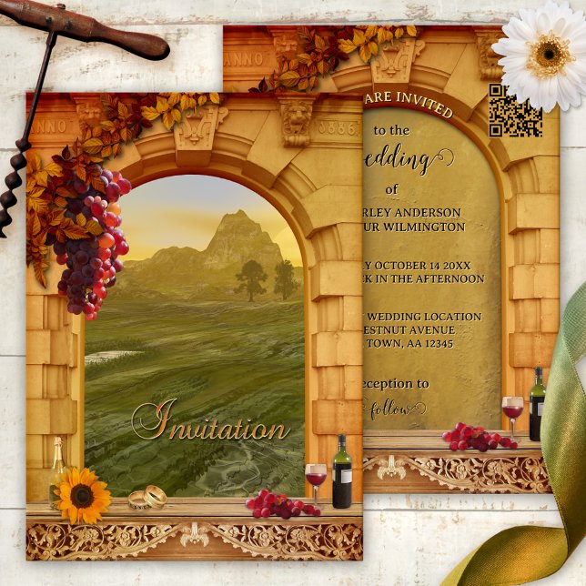 Tuscan Italian Vineyard Fall Wedding Invitation (Vineyard wedding invitation featuring a Tuscan Italian landscape with a Roman arch, grapes and wine)