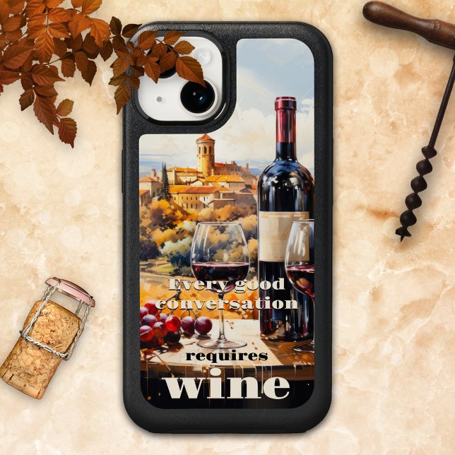 Tuscan Landscape Quote Wine  Otterbox iPhone Case (Phone case featuring a painting of an Italian style Tuscan landscape scene with wine and grapes)