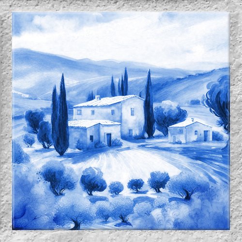 Tuscan Landscape Watercolor Delft Blue Style Tile
