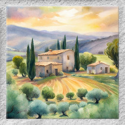 Tuscan Landscape Watercolor Painted Tile
