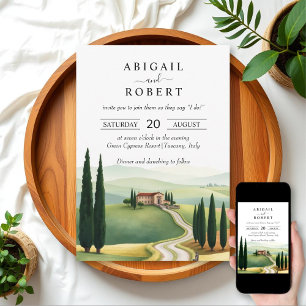 Tuscan landscape with a villa and cypress wedding invitation
