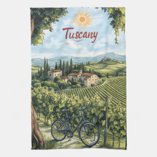 Tuscan Landscape with Vineyards and a Bicycle Kitchen Towel