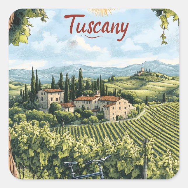 Tuscan Landscape with Vineyards and a Bicycle Square Sticker (Front)