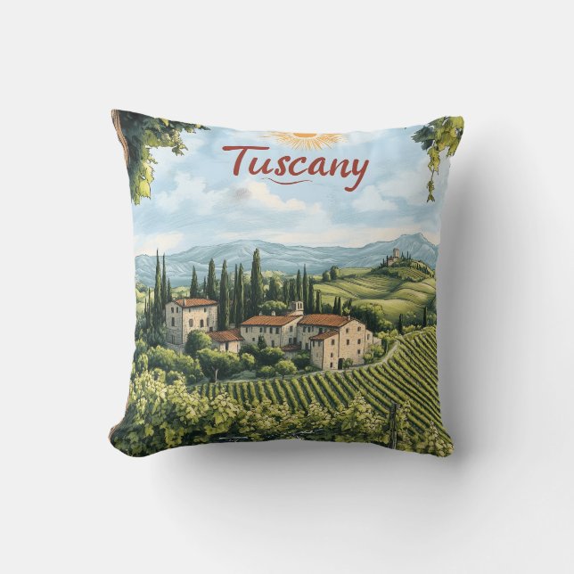 Tuscan Landscape with Vineyards and a Bicycle Throw Pillow (Front)