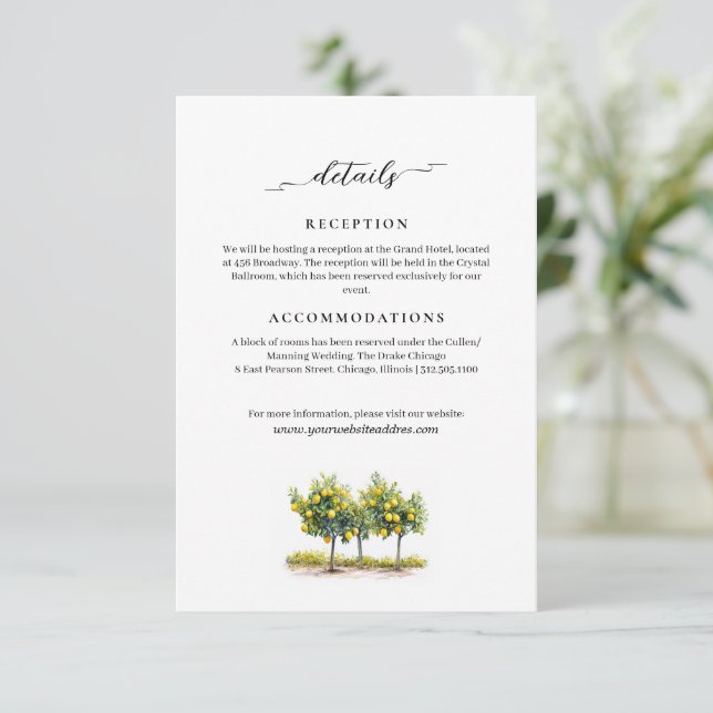 Tuscan Lemon Summer Wedding Information  Enclosure Card (Standing Front)