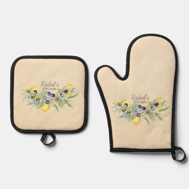 Tuscan Lemons and Olives Oven Mitt & Pot Holder Set (Front)