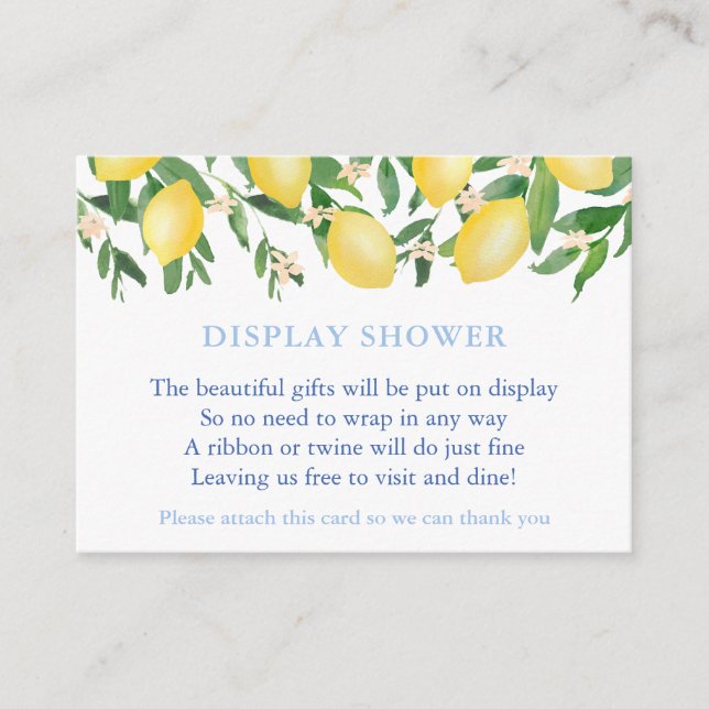 Tuscan Lemons Cobalt Blue Text Display Shower Enclosure Card (Front)
