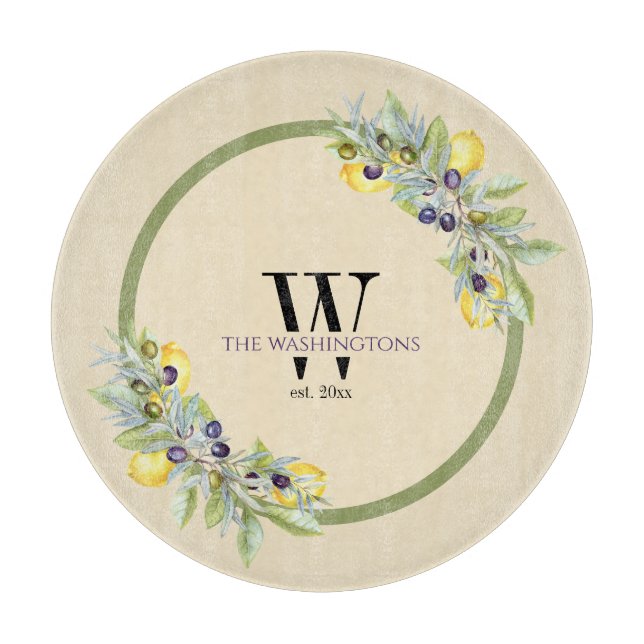 Tuscan Lemons Olives Round Kitchen Cutting Board (Front)