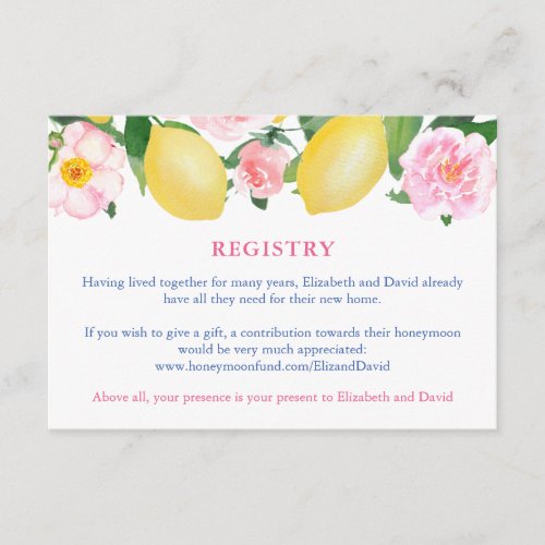 Tuscan Lemons Pink Florals Bridal Shower Matching Enclosure Card