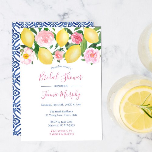 Tuscan Lemons Pink Watercolor Floral Bridal Shower Invitation