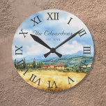 Tuscan Mediterranean Traditional Farmhouse Round Clock<br><div class="desc">This elegant watercolor farmhouse Tuscan countryside scene personalized family name clock is the perfect accessory. Designed by Thisisnotme©</div>