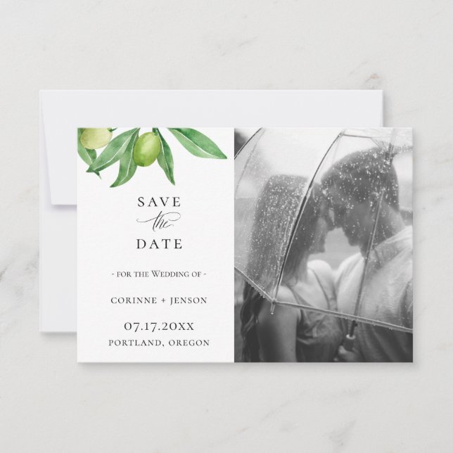 Tuscan Olive Branch Photo Save The Date Announcement (Front)