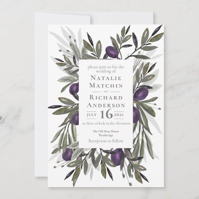 Tuscan Olives Watercolour Botanical Wreath Invitation (Front)