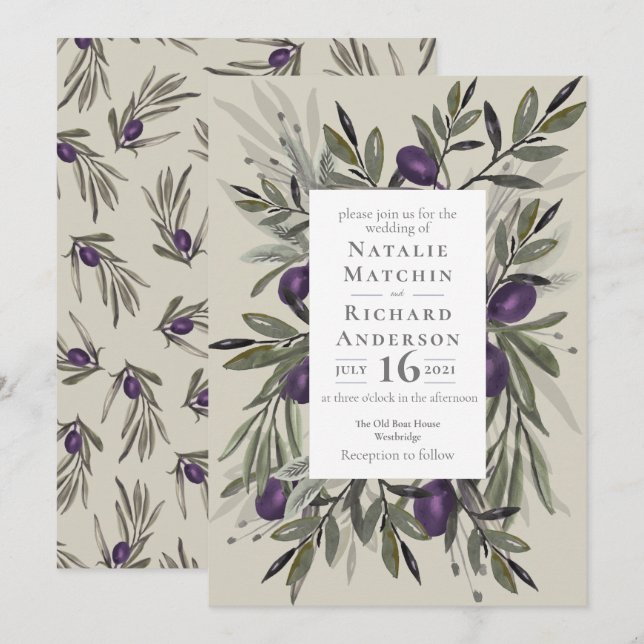 Tuscan Olives Wedding Invite, olive backer Invitation (Front/Back)