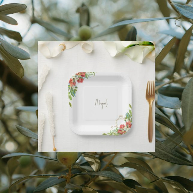 Tuscan Pomegranate Red Floral Shower Paper Plates (Creator Uploaded)