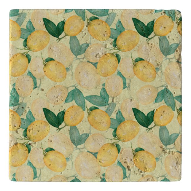 Tuscan Rustic Lemons and Greenery Stone Trivet (Front)