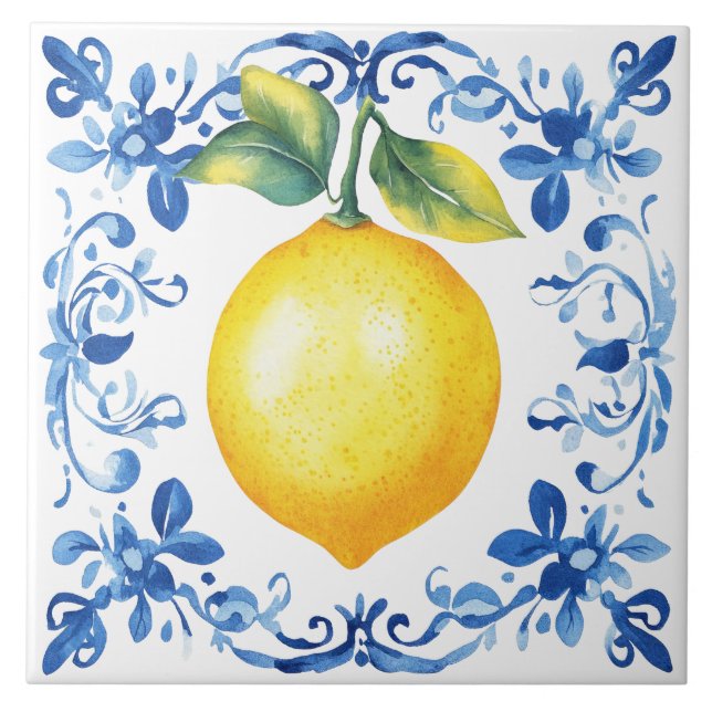 Tuscan Rustic Mediterranean Blue Lemon Ceramic Tile (Front)