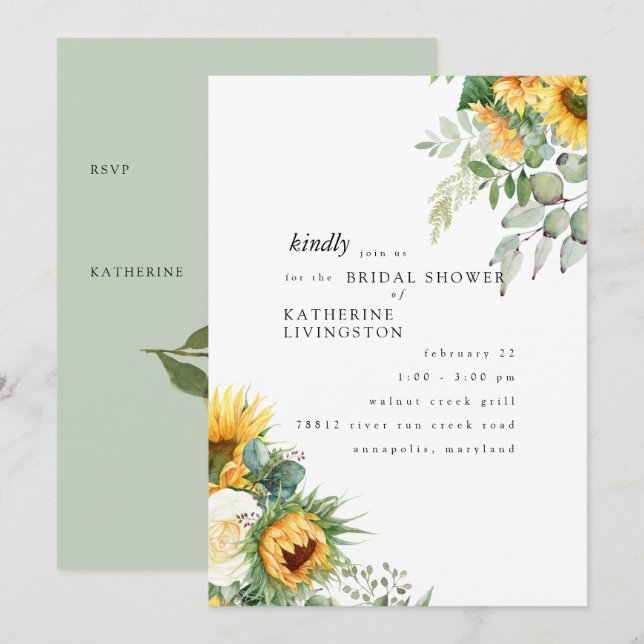  Tuscan Sunflowers in Bloom Mint Bridal Shower Invitation (Front/Back)