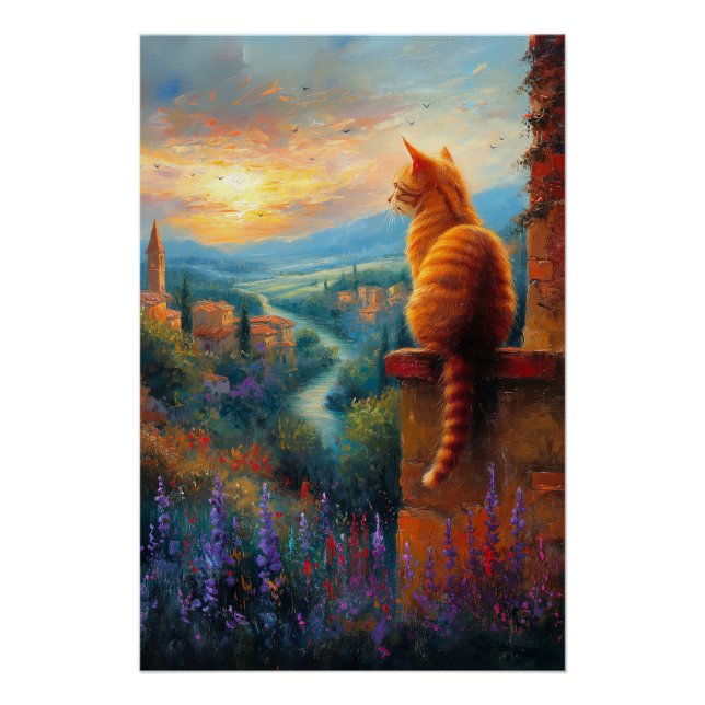 Tuscan Sunset with a Ginger Cat Poster (Front)
