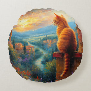 Tuscan Sunset with a Ginger Cat Round Pillow