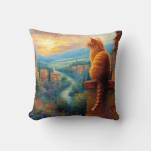 Tuscan Sunset with a Ginger Cat Throw Pillow