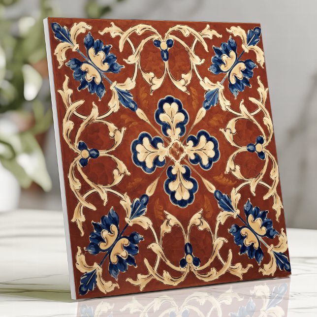 Tuscan Terracotta Blue and Gold Floral Ceramic Tile (Creator Uploaded)