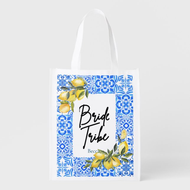 Tuscan Tile Watercolor Lemons Details Grocery Bag (Front)