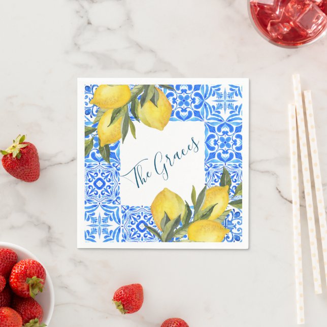 Tuscan Tile Watercolor with Lemon  Napkins (Insitu)