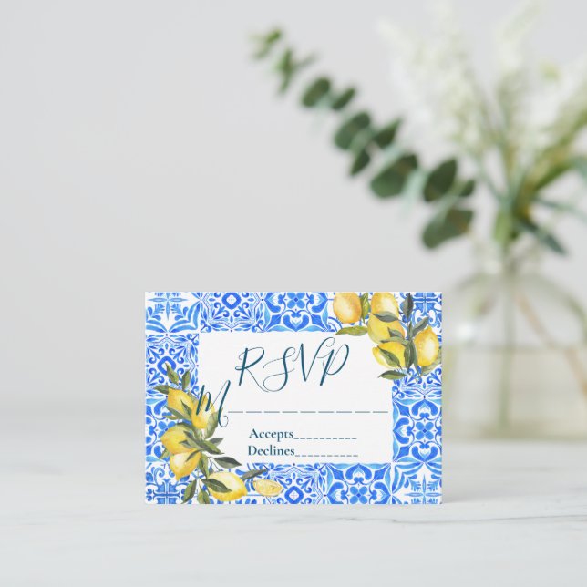 Tuscan Tile Watercolor with Lemon RSVP Enclosure Card (Standing Front)