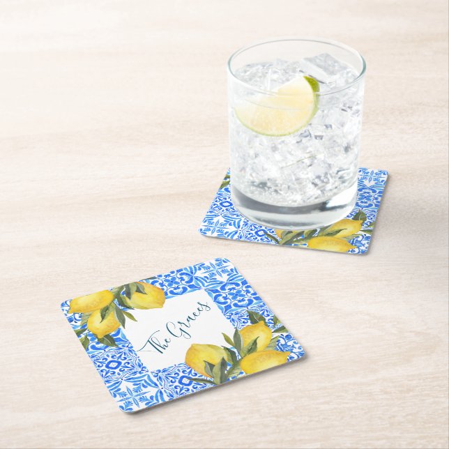 Tuscan Tile Watercolor with Lemon  Square Paper Coaster (Insitu)