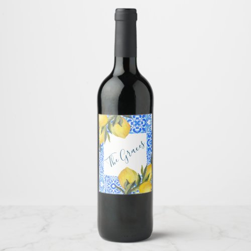 Tuscan Tile Watercolor with Lemon  Wine Label