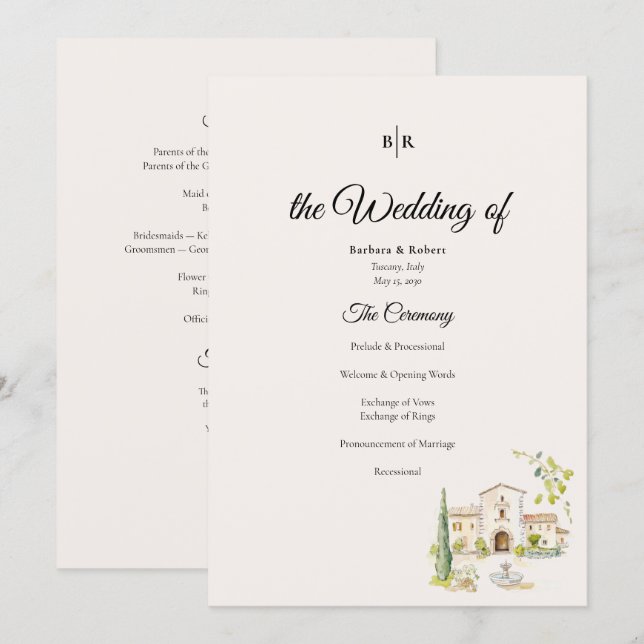 Tuscan Villa Wedding Program Elegant Italy (Front/Back)