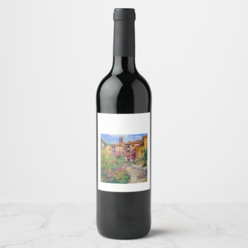 Tuscan Village with Flowers Wine Label