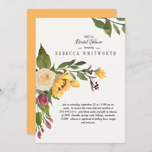 Tuscan Virtual GoldSunflower Floral Bridal Shower Invitation