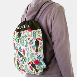 Tuscans birds and tropical flowers pattern drawstring bag