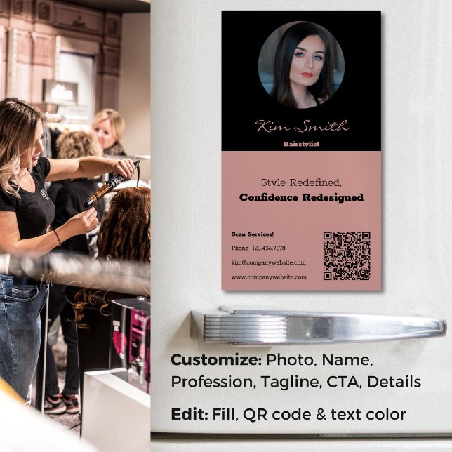Tuscany & Black Professional Hair Stylist QR Code Business Card Magnet (Tuscany & Black Professional Hair Stylist QR Code Business Card Magnet, Tagline, CTA, Profile Photo)