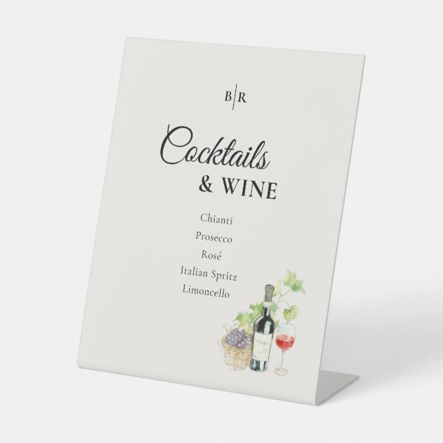 Tuscany Cocktails & Wine Wedding Bar Pedestal Sign (Front)
