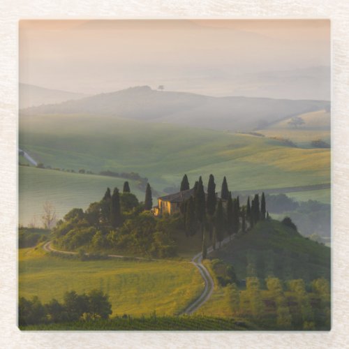 Tuscany hill landscape at sunrise glass coaster