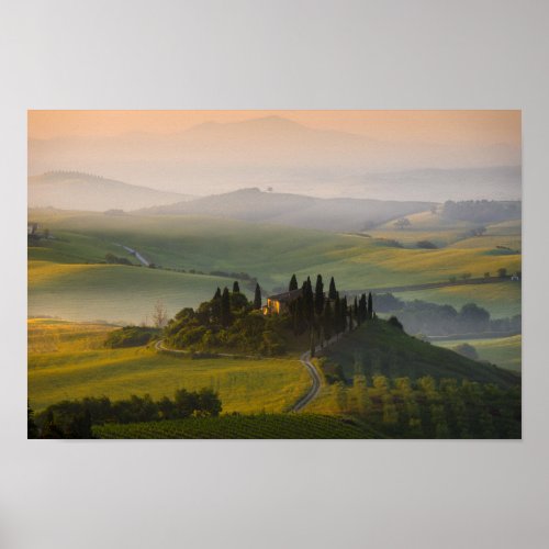 Tuscany hill landscape at sunrise poster