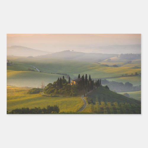 Tuscany hill landscape at sunrise rectangular sticker