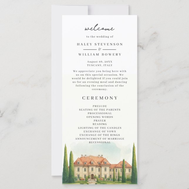 Tuscany Italian Villa Watercolor Wedding Program (Front)