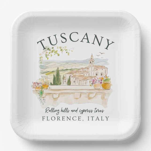 Tuscany Italy – Florence Hills & Cypress Trees Paper Plates (Front)