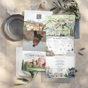 Tuscany Italy   Illustrated Wedding Tri-Fold Invitation