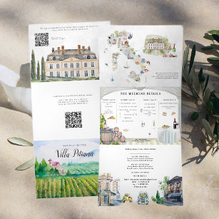 Tuscany Italy   Illustrated Wedding Tri-Fold Invitation