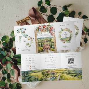 Tuscany Italy   Illustrated Wedding  Tri-Fold Invitation