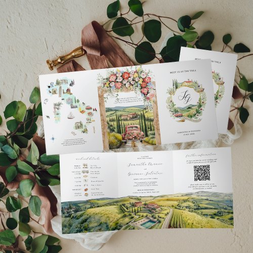 Tuscany Italy  Illustrated Wedding  Tri_Fold Invitation