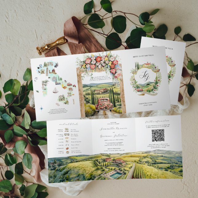 Tuscany Italy | Illustrated Wedding  Tri-Fold Invitation (Creator Uploaded)