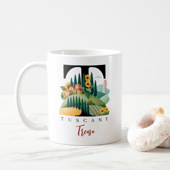 Tuscany Italy Monogram Letter T Personalized Gift Coffee Mug (With Donut)